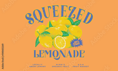Nature fruit club print design. Organic food artwork for for t-shirt. Fruit vintage t-shirt design. Squeezed art. Summer food poster design. Lemon fruit artwork. Fresh lemon fruit print. Lemonade art.