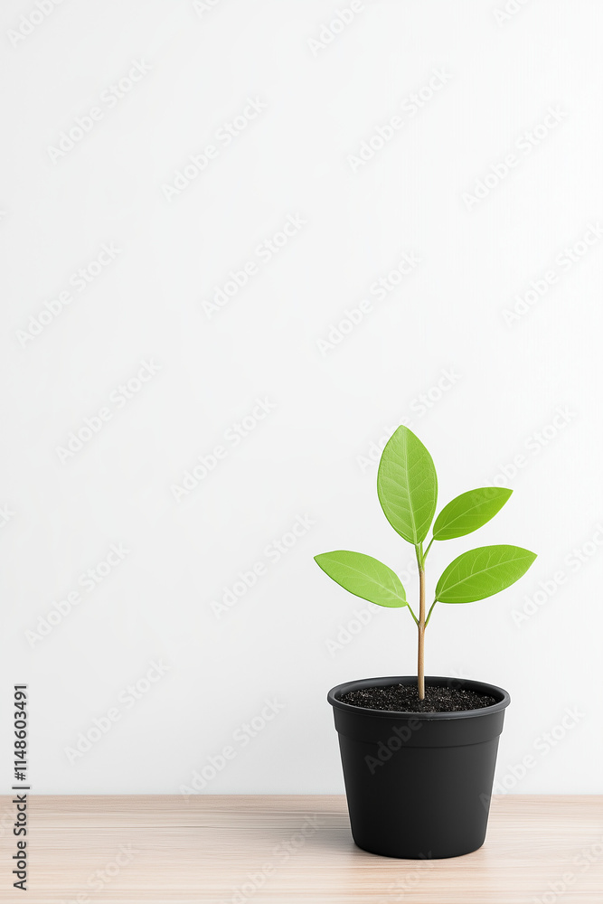 A single seedling with vibrant leaves grows in a black pot placed on a wooden surface indoors A single seedling with vibrant leaves grows in a black pot placed on a wooden surface indoors