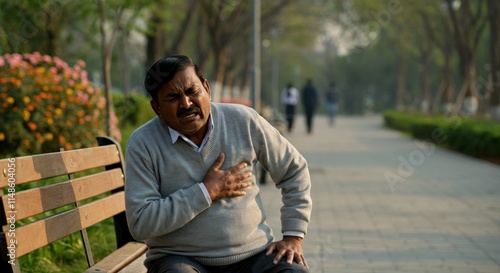 Obraz na płótnie Middle-aged indian man experiencing chest pain on a park bench in urban setting w salonie