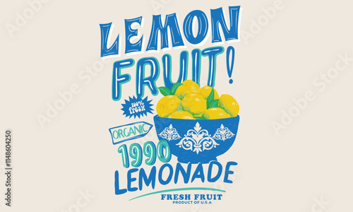Summer food poster design. Lemon fruit artwork. Fresh lemon fruit print. ceramic bowl. Nature fruit club print design. Organic food artwork for for t-shirt. Fruit vintage t-shirt design. Squeezed art.