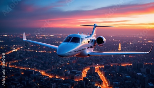 Private Jet Soaring Above a Cityscape at Sunset: A Luxurious Aerial View photo