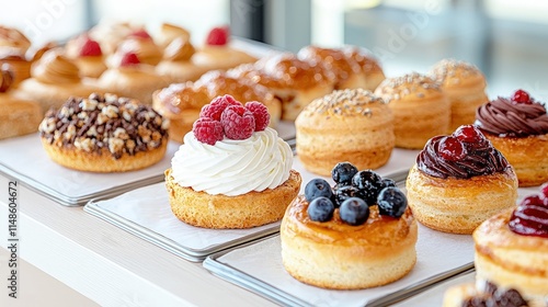 Wallpaper Mural Assorted pastries with cream and berries displayed on white trays. Torontodigital.ca