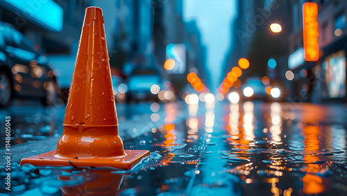 A vibrant orange traffic cone stands prominently on a wet street, serving as a warning amid ongoing roadwork in the background. A vibrant orange traffic cone prominently displayed on a aglomerated  photo