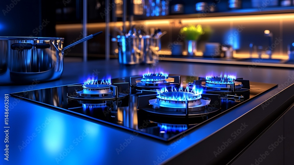 Modern gas cooktop with blue flames lit, kitchen setting. Modern gas cooktop with blue flames lit, kitchen setting.
