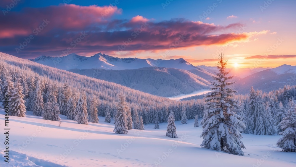 Snowy winter forest at sunset with majestic mountains Snowy winter forest at sunset with majestic mountains