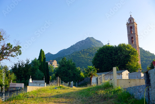 Cemetery and church of San Nicolao village in Upper Corsica mountain