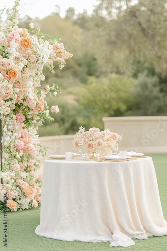 Romantic Outdoor Wedding Table Setting with Peach and Cream Flowers photo