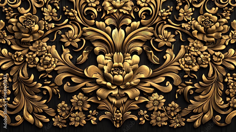 Intricate Gold Floral Carving Design on Dark Background