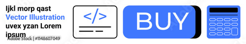 Code icon, blue buy button, and calculator. Ideal for e-commerce themes, web development, coding, online shopping, financial tools, programming tutorials, and digital transactions. Landing page