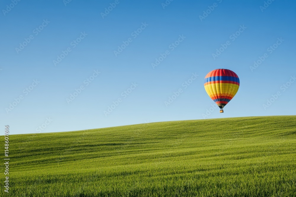 Obraz premium A colorful hot air balloon floating high in the sky over lush green fields aerial view nature photography bright daylight peaceful environment