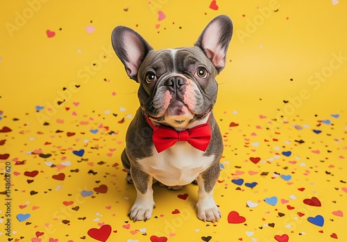 Adorable Frenchie Dog with Red Bow Tie on Yellow Background with Hearts photo