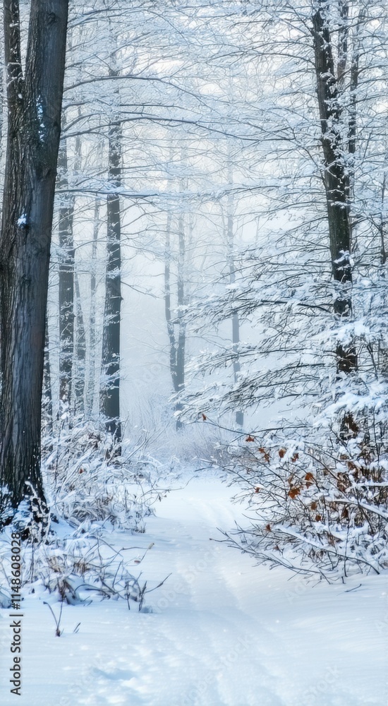 Snowy path through a snowy forest with trees and snow Snowy path through a snowy forest with trees and snow