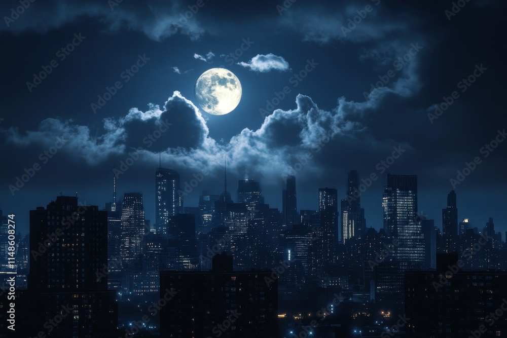 Full moon rising over city skyline night sky urban landscape photography cloudy skies a surreal visual concept of nature's beauty Full moon rising over city skyline night sky urban landscape photography cloudy skies a surreal visual concept of nature's beauty