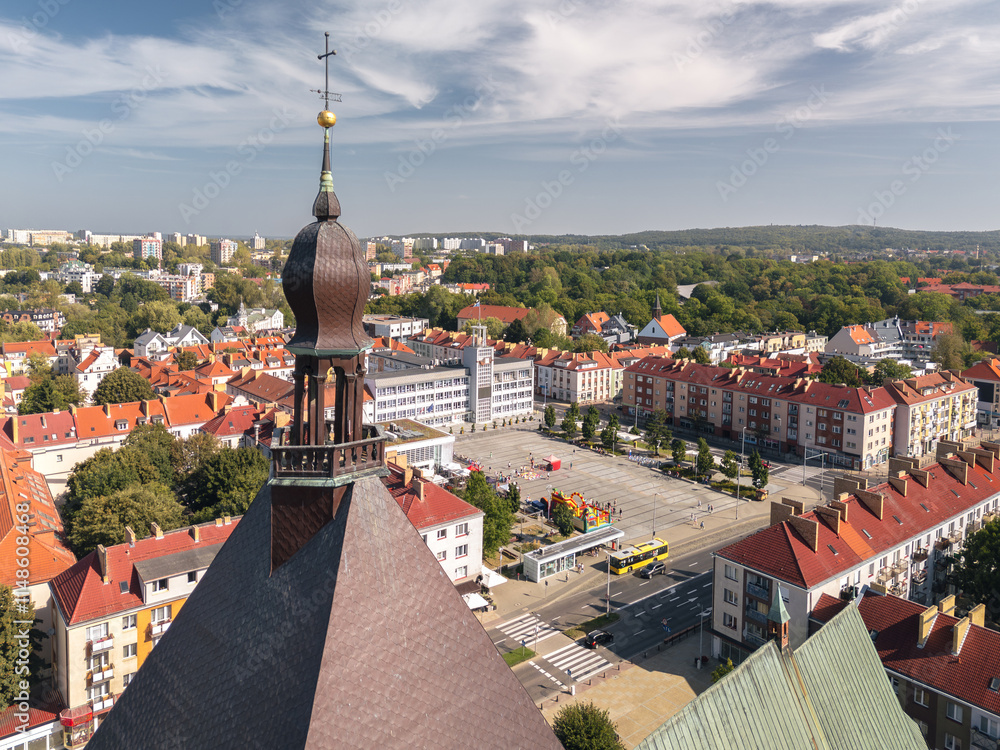 Summer skyline cityscape of Koszalin, West Pomerania (Zachodniopomorskie), Poland. Aerial panoramic view of Old Town square (Koszaliński Rynek Staromiejski) with Town Hall (Ratusz) and Cathedral