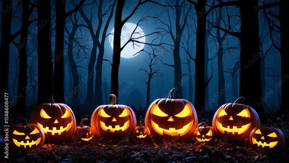 Spooky halloween pumpkins glowing in dark forest Spooky halloween pumpkins glowing in dark forest