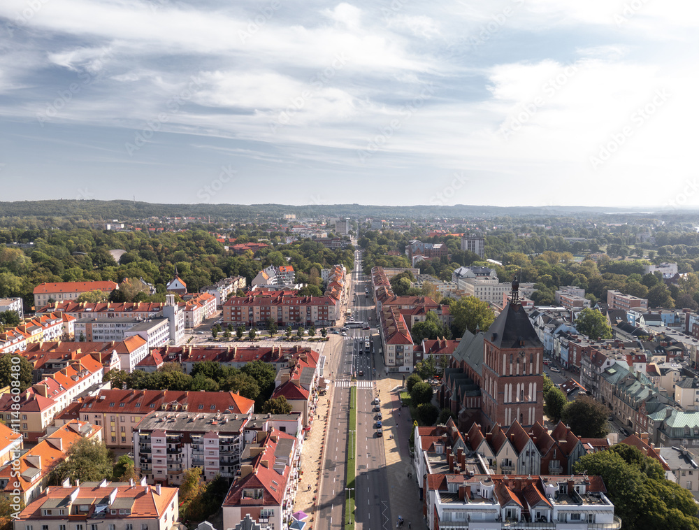 Summer skyline cityscape of Koszalin, West Pomerania (Zachodniopomorskie), Poland. Aerial panoramic view of Old Town square (Koszaliński Rynek Staromiejski) with Town Hall (Ratusz) and Cathedral