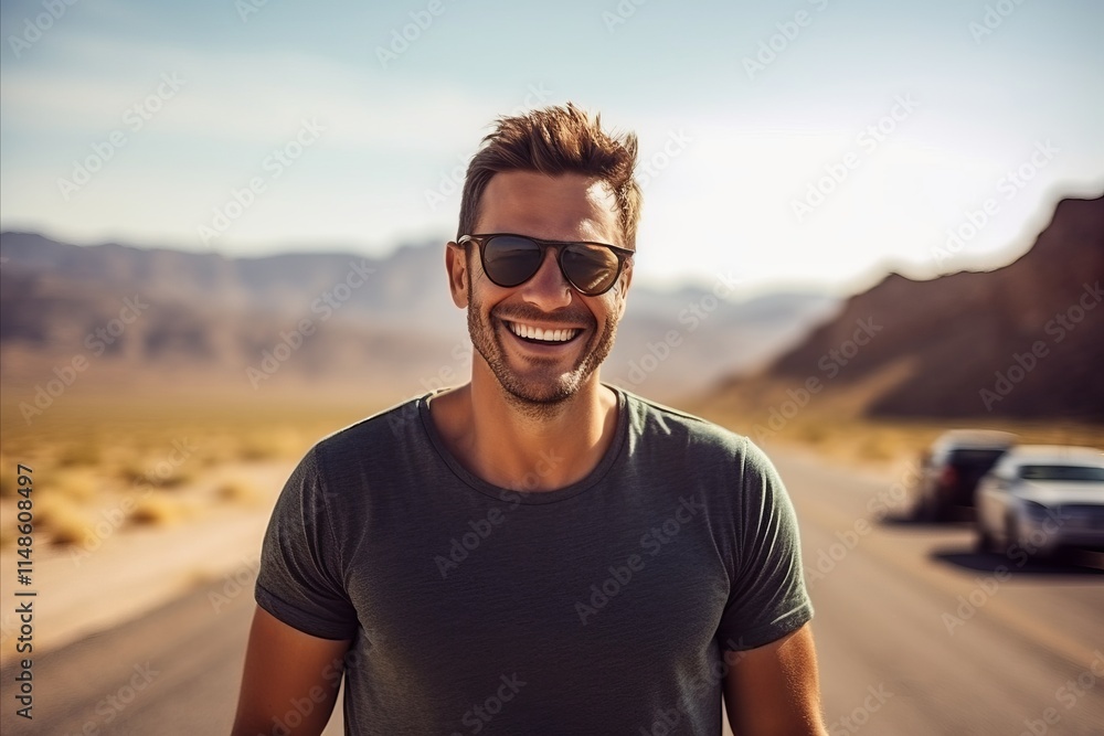 Portrait of a handsome young man with sunglasses on a road in the desert Portrait of a handsome young man with sunglasses on a road in the desert