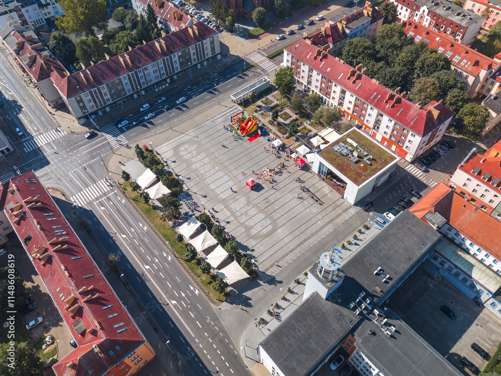 Summer skyline cityscape of Koszalin, West Pomerania (Zachodniopomorskie), Poland. Aerial panoramic view of Old Town square (Koszaliński Rynek Staromiejski) with Town Hall (Ratusz) and Cathedral