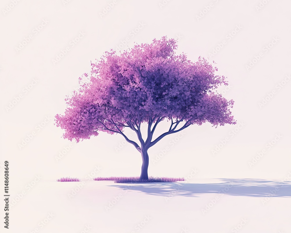 Fototapeta premium Minimal purple tree illustration on white background, soft watercolor-style tree with peaceful shadow and pastel concept for creative nature design