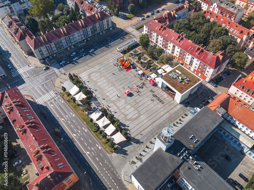 Summer skyline cityscape of Koszalin, West Pomerania (Zachodniopomorskie), Poland. Aerial panoramic view of Old Town square (Koszaliński Rynek Staromiejski) with Town Hall (Ratusz) and Cathedral photo