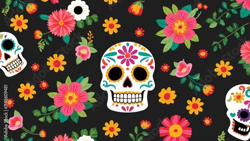 Sugar skull illustration with floral ornament design