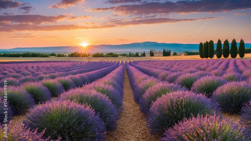 Sunset over lavender fields in provence france Sunset over lavender fields in provence france