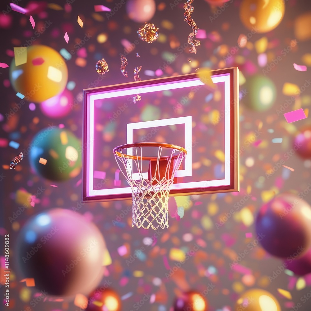Basketball hoop in vibrant celebratory atmosphere Basketball hoop in vibrant celebratory atmosphere