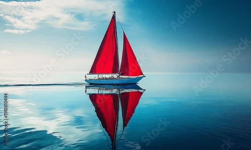 A red colored sailing boat in a river.