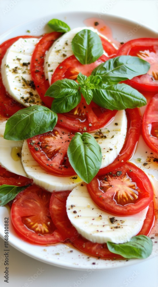 Tomatoes and mozzarella slices on a plate with basil leaves