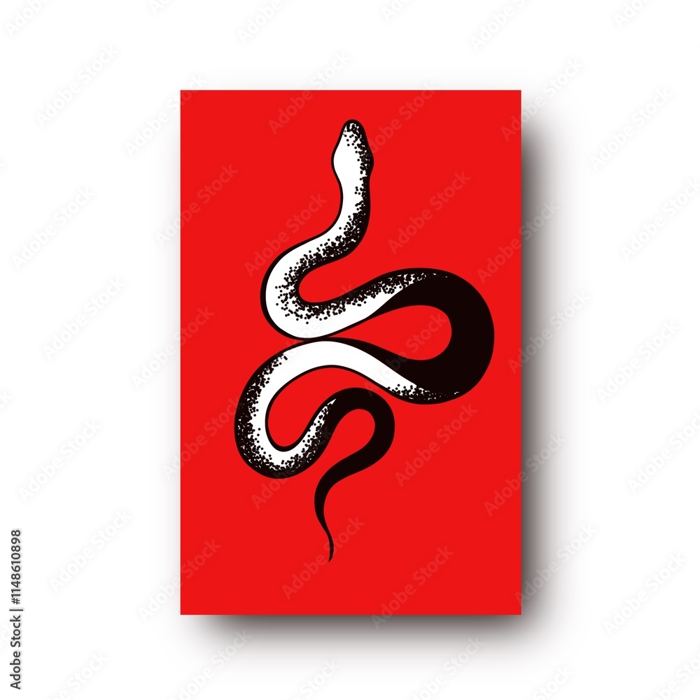 Fototapeta premium Tattoo snake on a red background. Traditional black dot style ink. Traditional Tattoo Old School Tattooing Style Ink. Snake silhouette illustration. 