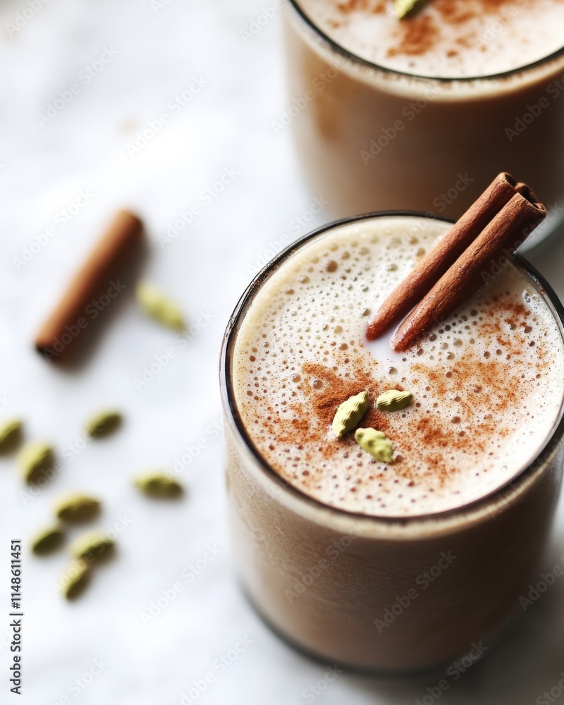 Two glasses of creamy spiced latte with cinnamon sticks and cardamom pods. Two glasses of creamy spiced latte with cinnamon sticks and cardamom pods.