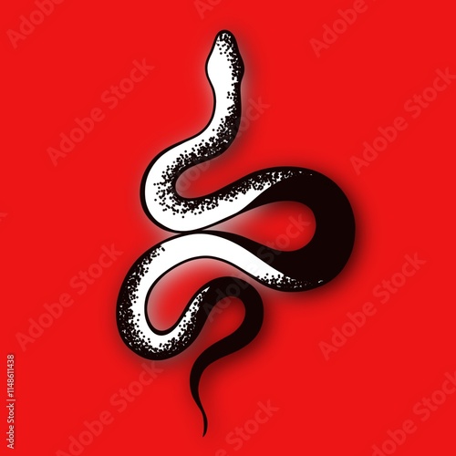 Tattoo snake on a red background. Traditional black dot style ink. Traditiona...