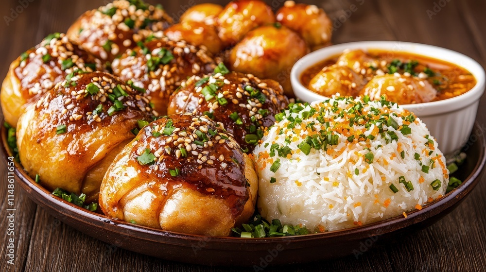 Delicious glazed chicken drumsticks with roasted potatoes, rice, and sauce. Delicious glazed chicken drumsticks with roasted potatoes, rice, and sauce.