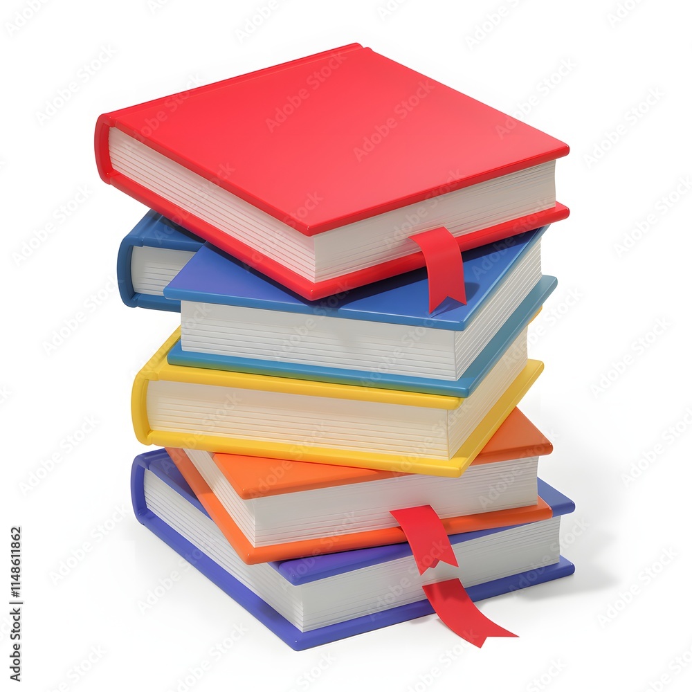 Stack of Colorful Hardcover Books with Ribbon Bookmarks.