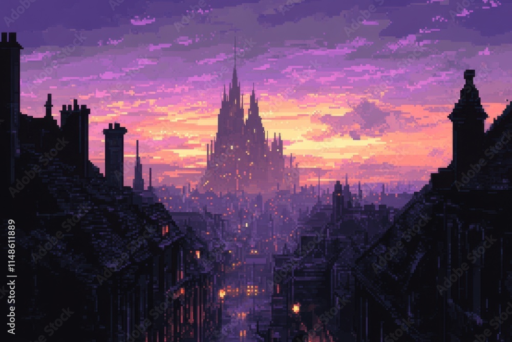 Naklejka premium Pixelated Cityscape at Sunset with a Grand Cathedral