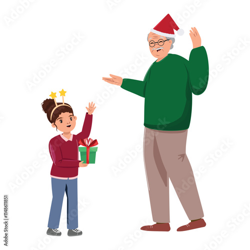 Christmas illustration. Festive scene of a girl offering a gift box to her cheerful grandfather wearing a Santa hat