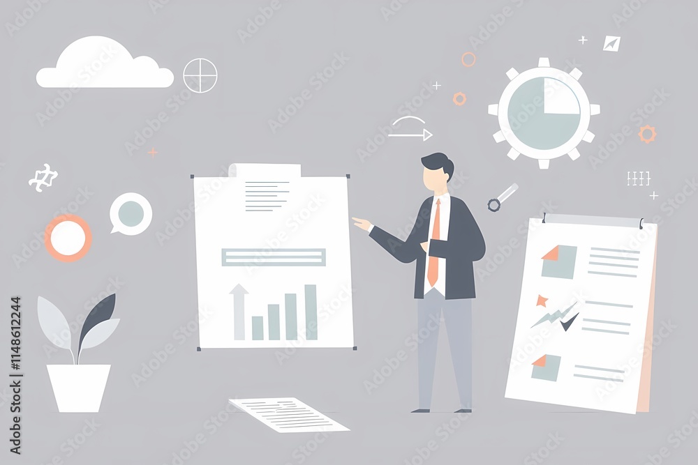 Obraz premium Strategic Presentation: A businessman confidently presents a business plan, showcasing key performance indicators and strategies. The illustration emphasizes planning, execution.