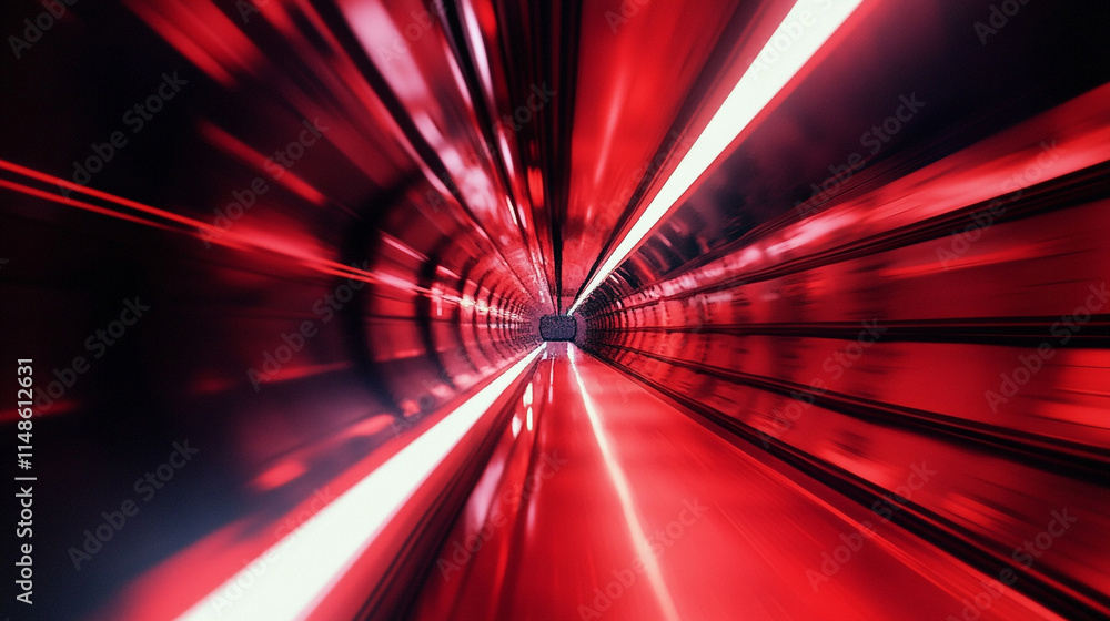 Dynamic red tunnel with light streaks creating a futuristic illusion. Dynamic red tunnel with light streaks creating a futuristic illusion.