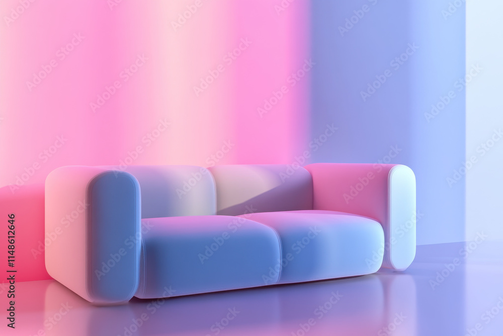 Modern sofa with pastel lighting in a stylish interior setting. Modern sofa with pastel lighting in a stylish interior setting.