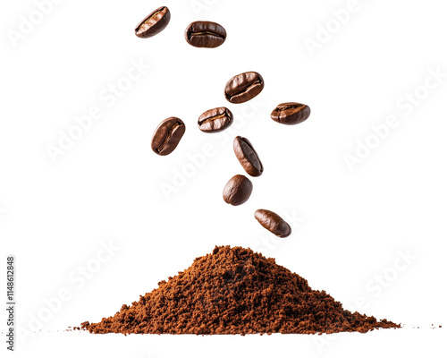 Pile of ground coffe and falling beans isolated on white background photo