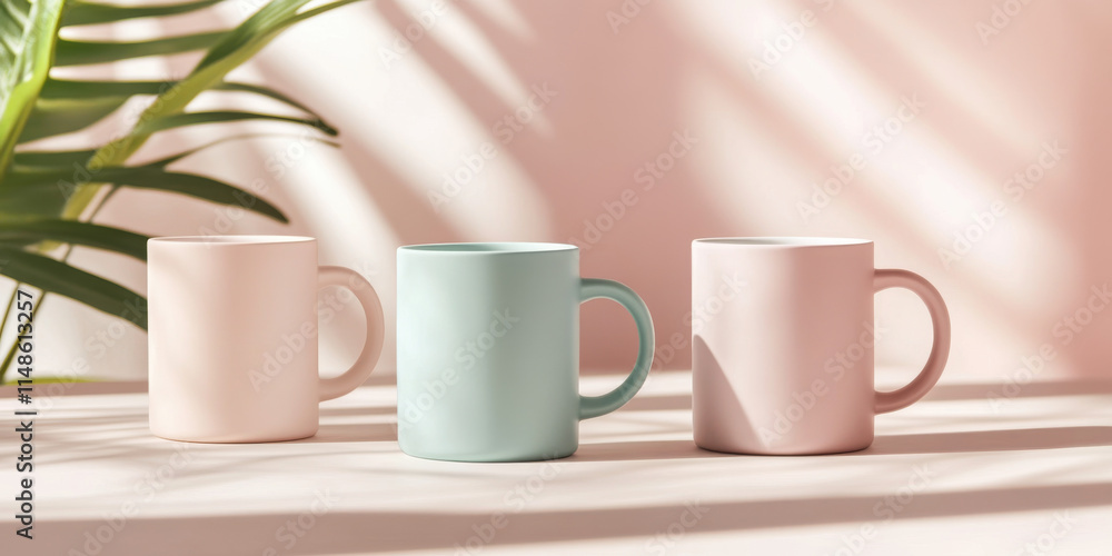 Pastel mugs on pink background with plant shadows. Pastel mugs on pink background with plant shadows.