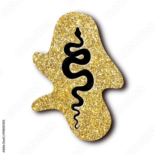 Tattoo snake on a gold background. Traditional black dot style ink. Tradition...