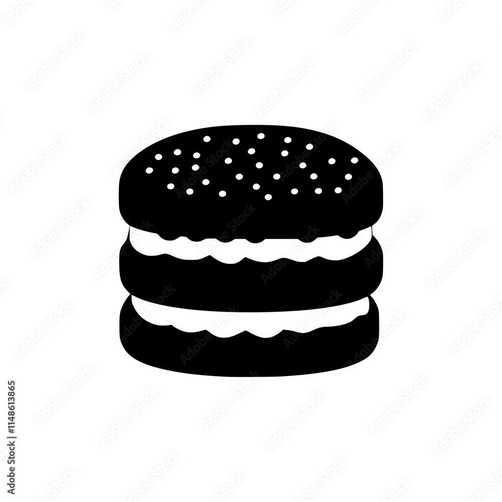 A simple black silhouette of a two-layered dessert with cream filling. A simple black silhouette of a two-layered dessert with cream filling.