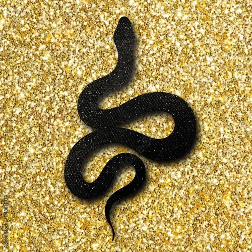 Tattoo snake on a gold background. Traditional black dot style ink. Tradition...