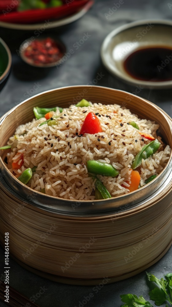 Steamed rice with vegetables in a bamboo steamer. (1) Steamed rice with vegetables in a bamboo steamer. (1)