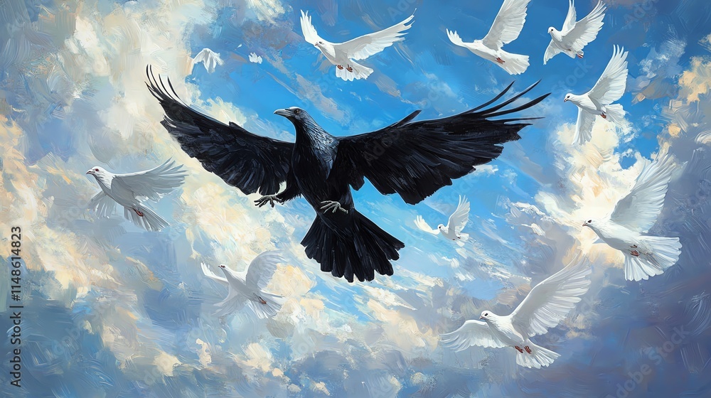 Obraz premium A dramatic scene of a black crow soaring among white doves against a vibrant blue sky.