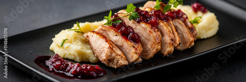 Succulent roast chicken with cranberry sauce and creamy mashed potatoes on black plate photo