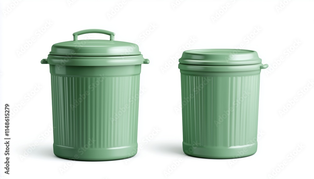 Realistic Green Closed Trash Cans With Shadow On White Background: A Collection Of Lifelike Waste Receptacles In Varied Sizes And Styles. Realistic Green Closed Trash Cans With Shadow On White Background: A Collection Of Lifelike Waste Receptacles In Varied Sizes And Styles.