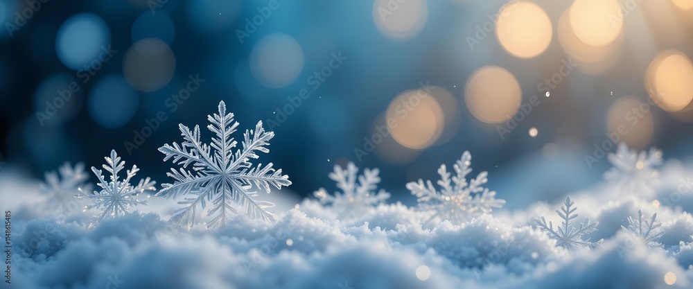 Sparkling Winter Snowflakes Resting On Soft Snow Blue Background Sparkling Winter Snowflakes Resting On Soft Snow Blue Background