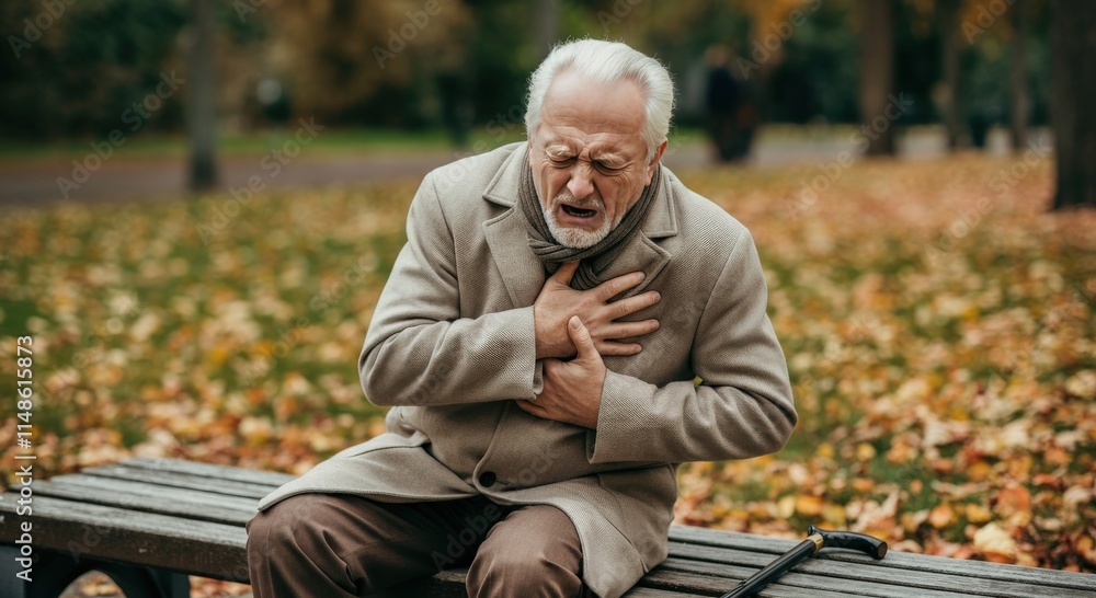 Elderly caucasian man experiencing chest pain on park bench during autumn day Elderly caucasian man experiencing chest pain on park bench during autumn day